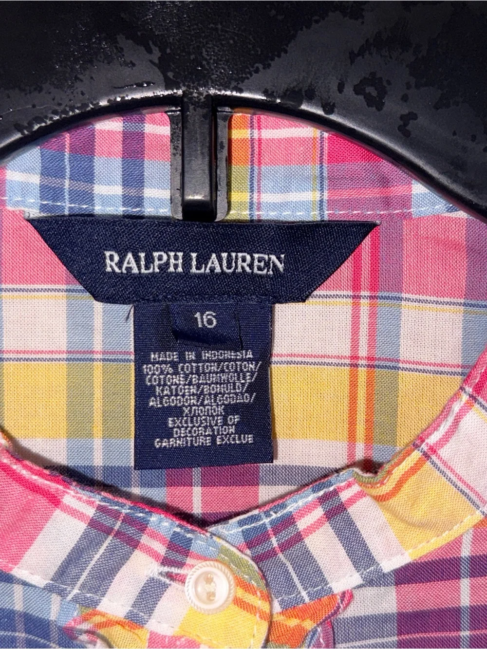 Ralph Lauren Pink Yellow Blue Plaid Ruffle Front Short Sleeve Blouse
